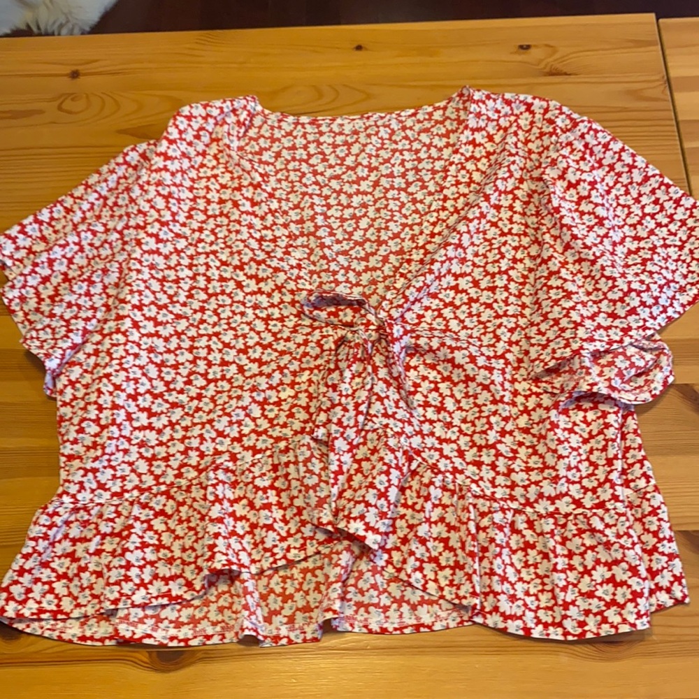 Red with white flowers tie up blouse
